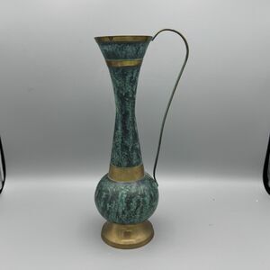 Vtg Green Enamel & Brass Ewer Pitcher Oxidized Patina Handle India 11" T #2